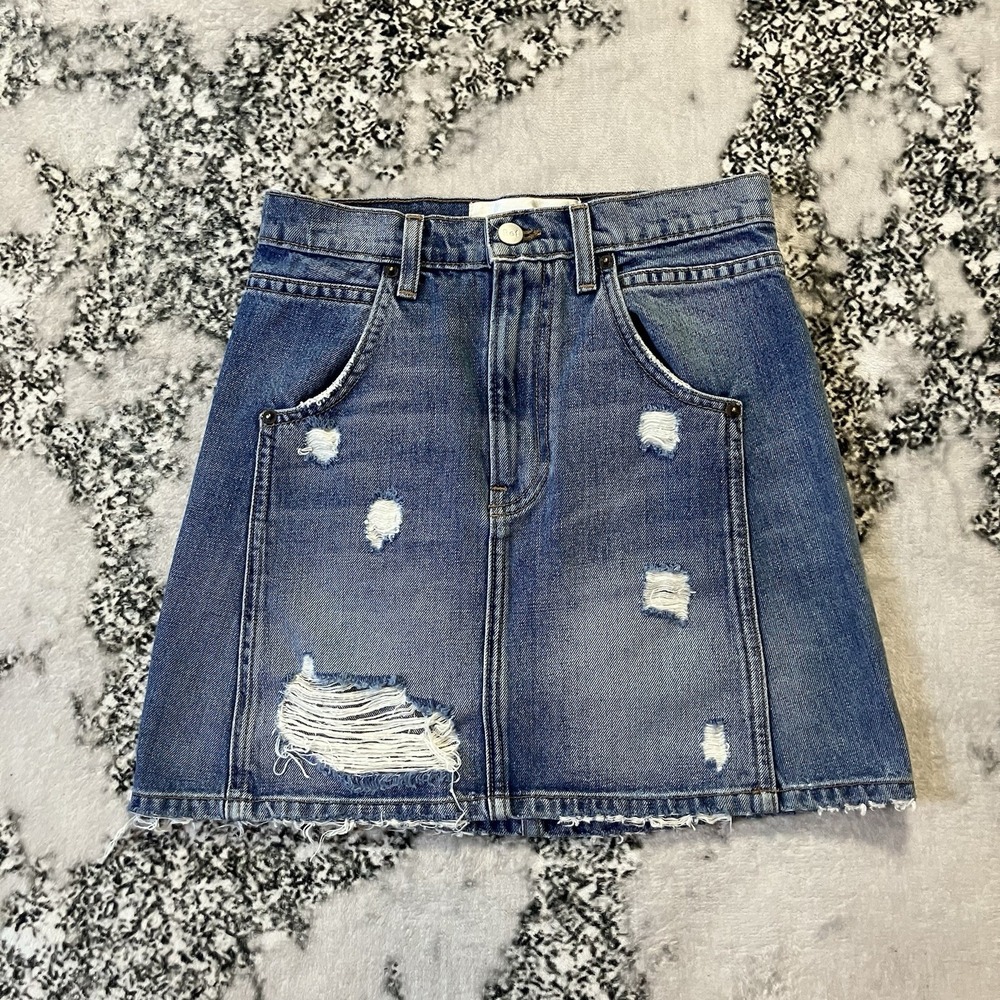 Reformation Skirt Womens Size 23 Blue High-Waisted Distressed Denim Jean‎ Mini